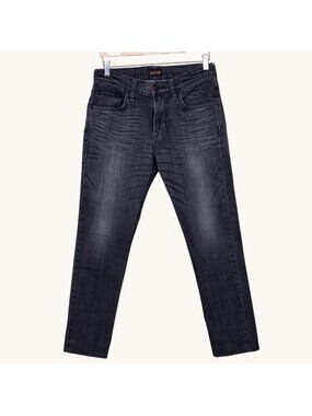 Edwin Blue Trip Jeans 32 x 27 Gray Slim Straight Whiskering Faux Leather Accent